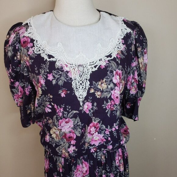 Vtg 80's Floral Dress Cottage Prairie Lace Traditional Garden Party Blue Medium - Picture 2 of 12
